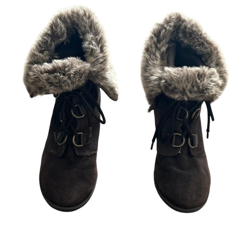 Bjornal Boots Womens Size 8.5 Brown Faux Fur Wedge Lace Up Leather Upper Winter - Picture 3 of 11